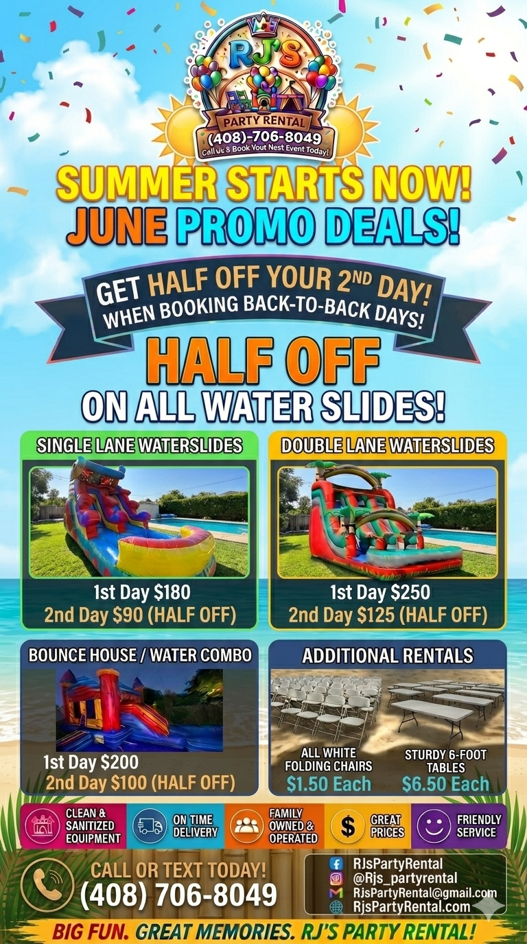 June Promo Deals — Half off your 2nd day when booking back-to-back days. Half off all waterslides.