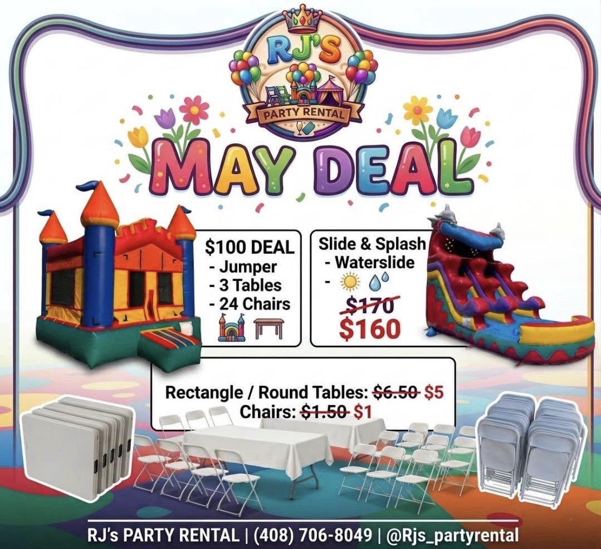 RJ's Party Rental May Deal: $100 jumper + 3 tables + 24 chairs, $160 waterslide & splash, $5 tables, $1 chairs